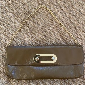 Tan patent leather Hobo bag with gold chain strap